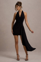 Black Plunge-Neck Draped Wrap Mini Dress